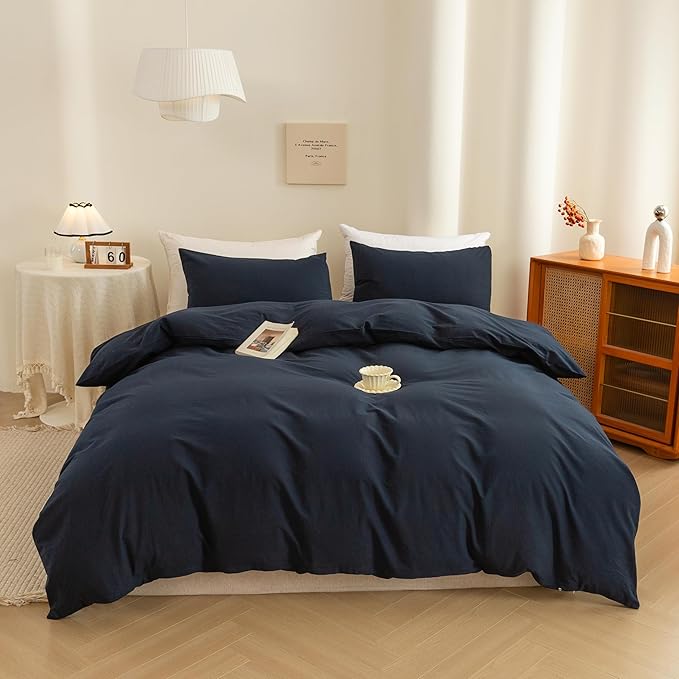 ECOCOTT Navy Blue Duvet Cover Super King Size - 100% Washed Cotton Durable Soft Comfy Bedding Set, 3 Pieces Duvet Cover with Zipper Closure (108''x98'')
