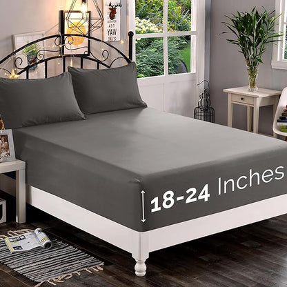 Elegant Comfort 1500 Premium Quality Fitted Sheet Ultra Soft 18-24 Inch Extra Deep Pocket - Single Fitted Sheet for High Mattress - Wrinkle Free with Smart Storage Pockets, California King, Gray