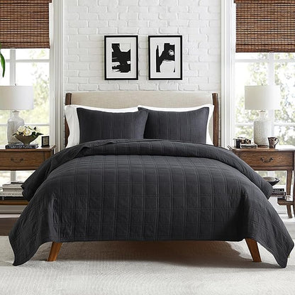 HORIMOTE HOME 100% Cotton Quilt Set Queen Size, Charcoal Pre-Washed Bedspreads Coverlet Set in Geometric Pattern, Cozy Lightweight Stitching Decorative Bedding Cover with 2 Shams for All Season