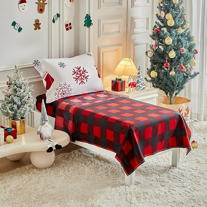 Christmas Toddler Bedding Set for Boys Girls Red White Sock Colorful Holiday 4PC Toddler Bed Set - Cute Toddler White Bed in a Bag with Gray Red Snowflake