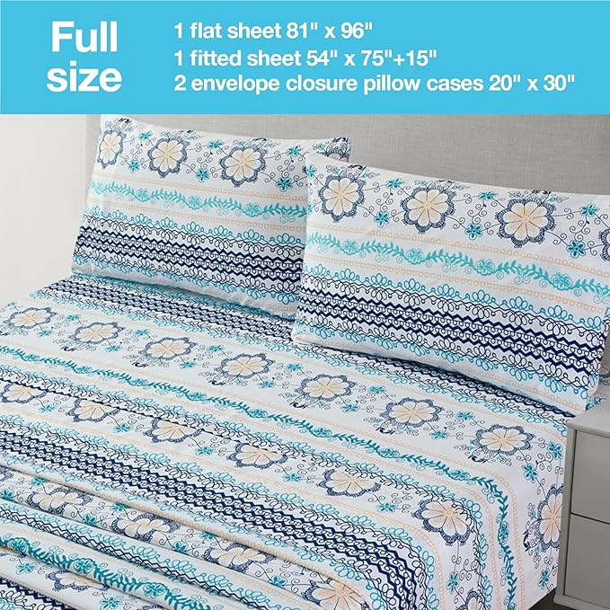 JSD Blue Boho Printed Sheet Set Full Size, 4 Piece Soft Floral Microfiber Sheets Extra Deep Pocket Wrinkle Free