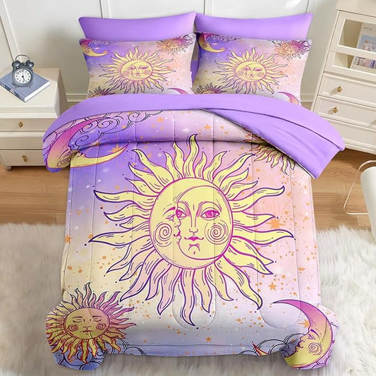 Nesker Comforter Set Queen Size, Celestial Motifs Astrology 7 Pcs Bedding for Kids and Adults, Boho Sun Moon Bed Sheet Sets with Fitted Sheet 2 Pillowcases & 2 Shams