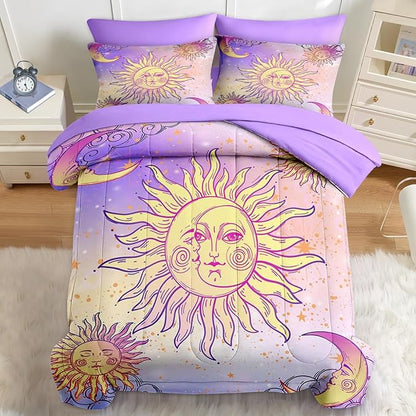 Nesker Comforter Set Twin Size, Celestial Motifs Astrology 5 Pcs Bedding for Kids and Adults, Boho Sun Moon Bed Sheet Sets with Fitted Sheet Pillowcase & Sham