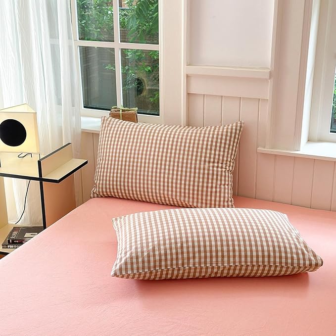 LifeTB Pink Plaid Gingham Duvet Cover King 3 Pieces Checkered Grid Duvet Cover 100% Washed Cotton Coral Pink Plaid Comforter Cover with Zipper Ties 2 Pillowcases Breathable Soft Gingham Bedding Set