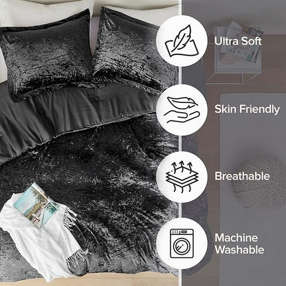Comfort Spaces Juliette Luxe Comforter Set Velvet Lush with Soft Brushed Microfiber Reverse, All Season Cozy Velvet Bedding Sets, Fluffy Comforter Bed Set, Matching Sham, Black King 3 Piece