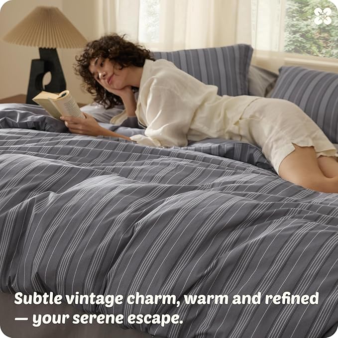 Bedsure Striped Duvet Cover King Size, 100% Washed Cotton PureWoven Duvet Cover Linen Like Textured, Classic Striped Pattern Enhances Bedroom Comfort and Style, Stripes Grey, 104"x90"