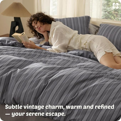 Bedsure Striped Duvet Cover King Size, 100% Washed Cotton PureWoven Duvet Cover Linen Like Textured, Classic Striped Pattern Enhances Bedroom Comfort and Style, Stripes Grey, 104"x90"