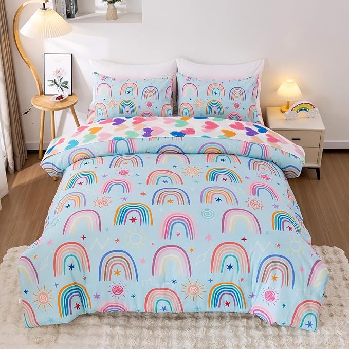 Btargot Lightweight Soft 3 Piece Rainbow Comforter Set with 2 Pillow Covers, Cartoon Love Hearts Suns and Stars Bedding Set for Girls Boys Kids, Queen Light Blue