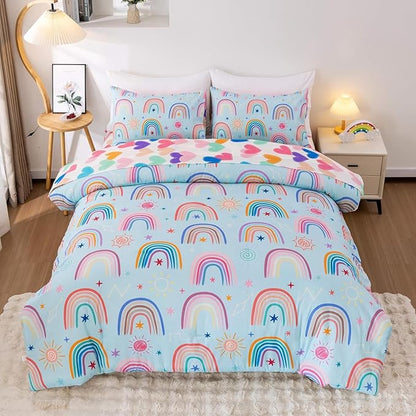Btargot Lightweight Soft 3 Piece Rainbow Comforter Set with 2 Pillow Covers, Cartoon Love Hearts Suns and Stars Bedding Set for Girls Boys Kids, Queen Light Blue