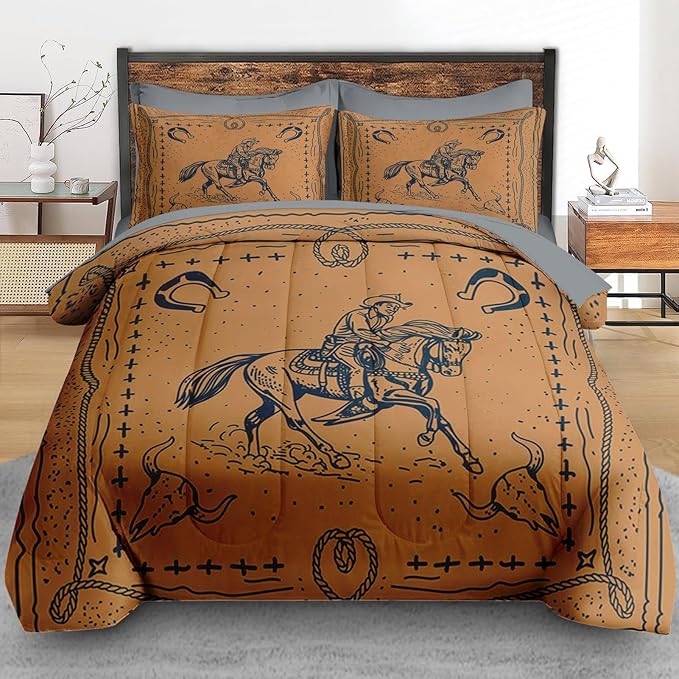 Comforter Set Queen Size, Western Cowboy Retro 7 Pcs Bedding for Kids and Adults, Vintage Horse Animal Bed Sheet Sets with Fitted Sheet 2 Pillowcases & 2 Shams for Bedroom Bed Decor
