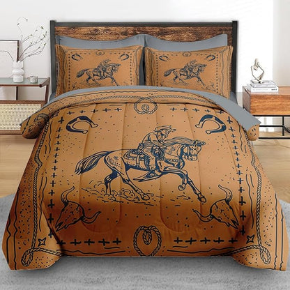 Comforter Set Queen Size, Western Cowboy Retro 7 Pcs Bedding for Kids and Adults, Vintage Horse Animal Bed Sheet Sets with Fitted Sheet 2 Pillowcases & 2 Shams for Bedroom Bed Decor