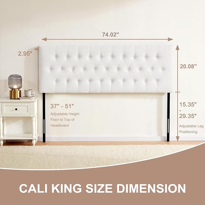 Upholstered Headboard California King, Adjustable Height 37''- 51'', White | Sturdy Durable Solid Wood Bed Headboard, Tufted Fabric California King Headboard, Modern Button Diamond Design Head Board