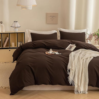 ECOCOTT Duvet Cover King Size -100% Washed Cotton Linen Like Textured Breathable Durable Soft Comfy Bedding Set with Zipper Closure & Corner Ties (Cocoa Brown, 104"x90")