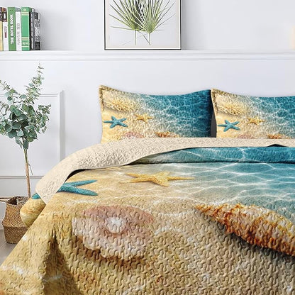 Quilt Set Twin Size, Summer Beach Seashell 2 Pcs Soft Bed Cover Bedding Set for Kids and Adults, Blue Ocean Sea Shell Lightweight Bedspread Coverlet with Pillow Sham for All Season