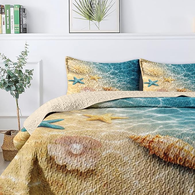 Quilt Set King Size, Summer Beach Seashell 3 Pcs Soft Bed Cover Bedding Set for Kids and Adults, Blue Ocean Sea Shell Lightweight Bedspread Coverlet with Pillow Sham for All Season