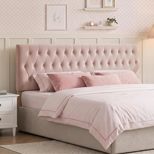 Tufted Upholstered Full Size Bed Headboard in Modern Button Design, Adjustable Solid Wood Head Board, Premium Velvet Fabric Padded Headboards in Bedroom (Pink)