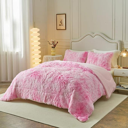 Wajade Faux Fur Plush White Comforter Set Fluffy Fuzzy Shaggy Bedding Set - 3PC Full/Queen Microfiber Soft Warm Quilt Set (Pink, King)