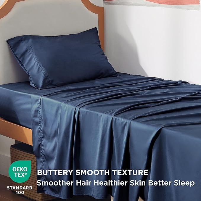 Bedsure Cooling Sheets Twin XL, Rayon Derived from Bamboo, PureWoven, Breathable & Soft Twin XL Sheet Sets, Deep Pocket Up to 16 Inches, Hotel Luxury Silky Dorm Bedding for Hot Sleepers, Navy