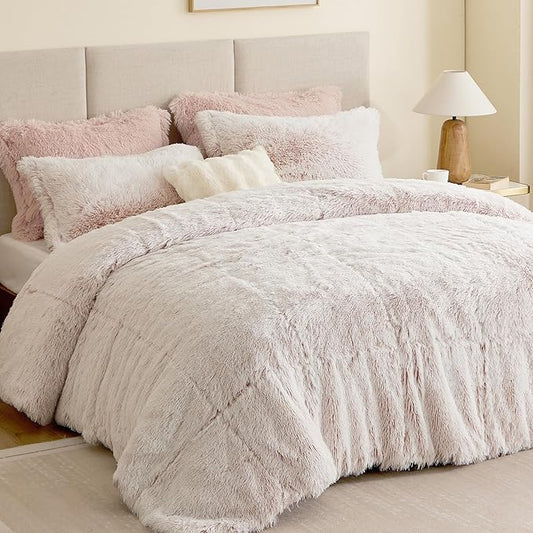 Intelligent Design King Comforter Set Fur-Like Shaggy Comforters for King Size Bed Warm, Fuzzy Bedding, All Season Luxurious Comforters King Size Bed Set, Malea, King/Cal King, Pink/White 3 Piece