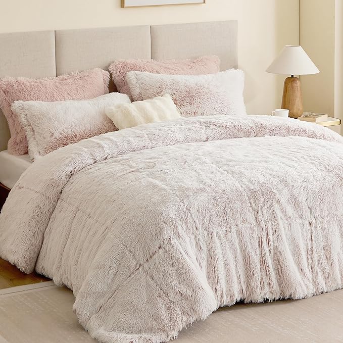 Intelligent Design Twin Comforter Set Fur-Like Shaggy Comforters for Twin Size Bed Warm, Fuzzy Bedding, All Season Luxurious Comforters Twin Size Bed Set, Malea, Twin/Twin XL, Pink/White 2 Piece