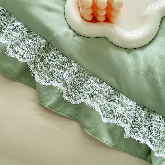 MOOWOO Chic Ruffle Lace Polyester Duvet Cover Set -Girl Green Bedding-2 Piece Twin Duvet Cover with Zipper Closure -Ultra Soft and Light Weight (Green,Twin Size)