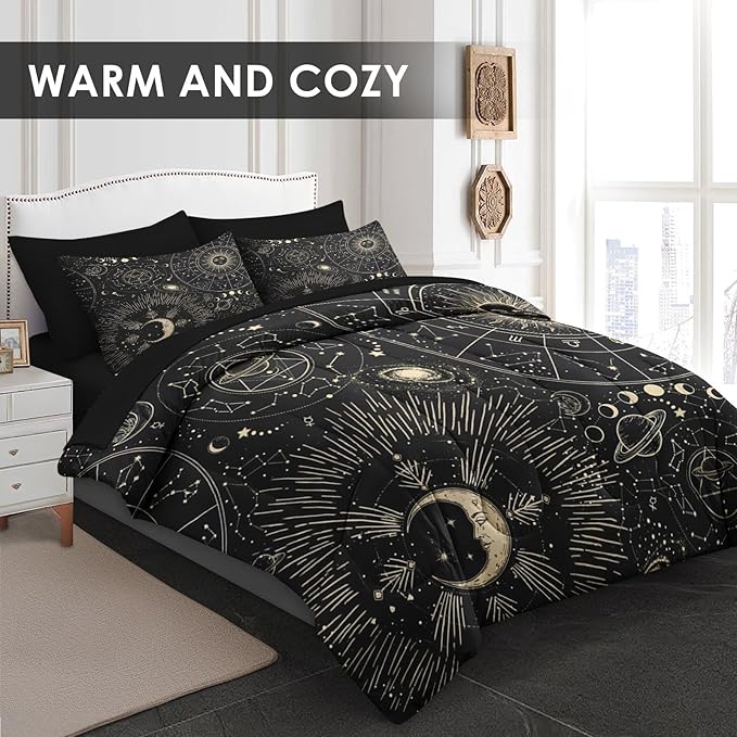 Comforter Set King Size, Sun Moon Astrology 7 Pcs Bedding for Kids and Adults, Space Science Galaxy Retro Bed Sheet Sets with Fitted Sheet 2 Pillowcases & 2 Shams for Bedroom Bed Decor
