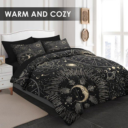Comforter Set King Size, Sun Moon Astrology 7 Pcs Bedding for Kids and Adults, Space Science Galaxy Retro Bed Sheet Sets with Fitted Sheet 2 Pillowcases & 2 Shams for Bedroom Bed Decor