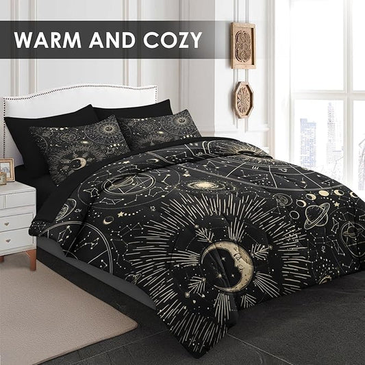Comforter Set Queen Size, Sun Moon Astrology 7 Pcs Bedding for Kids and Adults, Space Science Galaxy Retro Bed Sheet Sets with Fitted Sheet 2 Pillowcases & 2 Shams for Bedroom Bed Decor