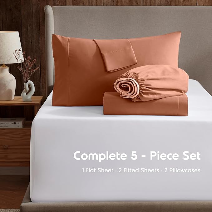 Nestl Split King Sheet Set - 1800 Ultra-Soft Microfiber Bed Sheets - Double Brushed - Deep Pockets - Easy Fit - 5 Piece Set - Bed Sheets & Pillowcases (Split King Size, Rust)