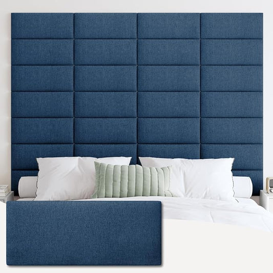 IFNOW Wall Mounted Headboard, Peel and Stick Panels, Navy Blue, King | 3D Soundproof Acoustic Padding, Reusable and Removable Tufted fabric Bed Headboard for bedroom (12 Panels, 10" x 24")