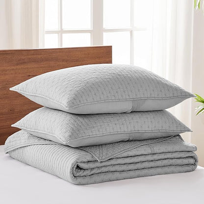Levtex Home Cross Stitch Reversible King Bedspread Set (120x104in) with 2 Pillow Shams (36x20in) - Stitch Texture - Light Grey - Cotton King Size Bedspread Set - Soft, Pre-Washed