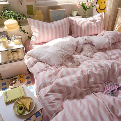 Peach Pink Striped King Size Duvet Cover Set Boho Patterned King Comforter Cover Farmhouse Aesthetic Preppy Cute Duvet Cover with Corner Ties Girls Bedding Washed Microfiber Duvet Protector