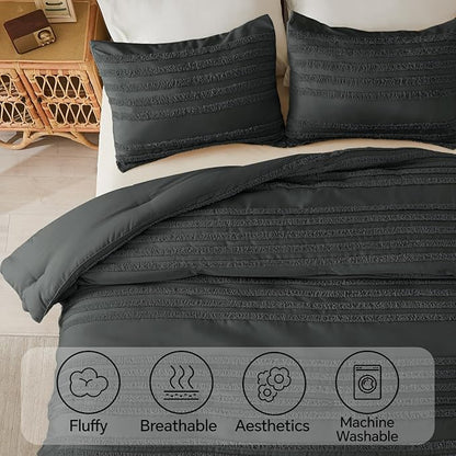 BEDELITE Boho Comforter Set Queen Size, Dark Grey Tufted Striped Bed Set 3 Pieces, Soft Vintage Farmhouse Comforter for All Seasons, Boho Home Decor,Fluffy Jacquard Bedding with 2 Pillow Shams