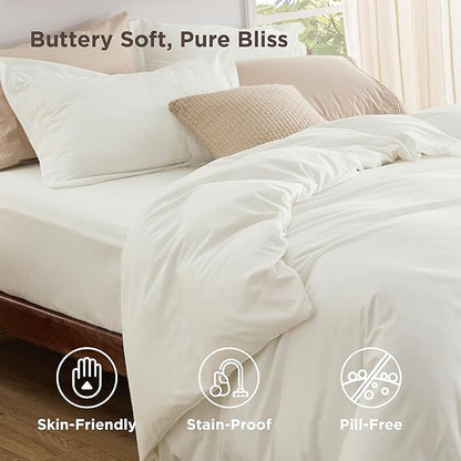 Bedsure Duvet Cover with Fitted Sheet King - Deep Pocket, Hotel Luxury Soft Double Brushed Bedding Set with Zipper Closure, 1 Duvet Cover, 1 Fitted Sheet, 2 Pillow Shams, NO Comforter, Cream White