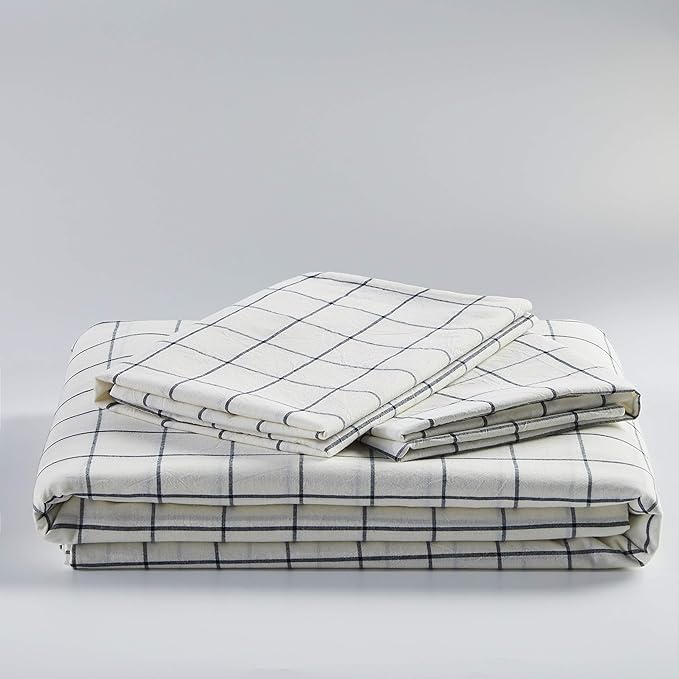 JELLYMONI Cotton Duvet Cover King Size - White Grid Plaid Comforter Cover with Button 100% Washed Cotton 3PCS Breathable Soft Bedding Set Duvet Cover 104×90in & 2 Pillowcases (NO Comforter)