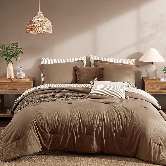 Monbix King Size Comforter Set - 7 Pieces Brown Prewashed Bed in a Bag King Bedding Sets with Comforters, All Seasons Ultra Soft Comforter Bed Set with Sheets,Pillowcases & Shams