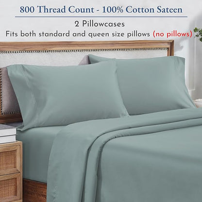 Heirloom Soft, Smooth & Thick Certified 800 Thread Count 100% Cotton Sateen, 2 Pillow Cases Standard Size Fits Standard & Queen Size Pillows (Soft Teal)