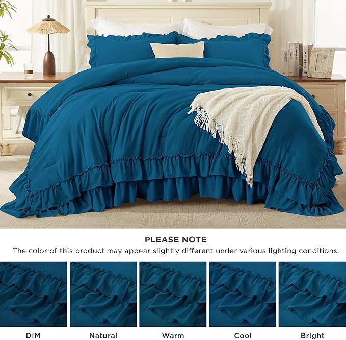 Andency Teal Full Size Comforter Set (79x90Inch), 3 Pieces Fluffy Farmhouse Shabby Chic Ruffle Bedding Sets, All Season Soft Lightweight Bed Set