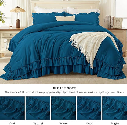 Andency Teal Queen Comforter Set (90x90Inch), 3 Pieces Lightweight Fluffy Ruffle Bedding Sets for Queen Bed, Farmhouse Shabby Chic Soft All Season Bed Set