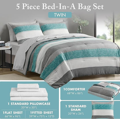 Madison Park Essentials Twin Comforter Set, Bed in A Bag Comforter & Sheet Set, Modern Casual Stripes Print, All Seasons, Soft Microfiber Bedding Makeover, Matching Shams, Twin Aqua/Grey 5 Piece