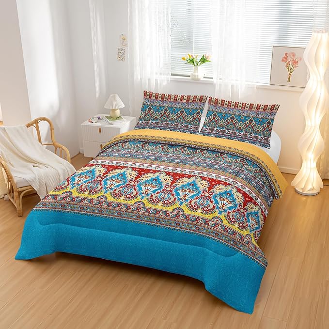 Paisley Bohemian Comforter Sets Full Size,Colorful Boho Chic Medallion Exotic Bedding Set for Your Room,Abstract Soft Lightweight Quilted Set All Season,1 Comforter and 2 Pillowcases