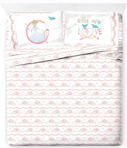 Jay Franco Kids Sheet Set with Fitted, Flat Sheets & Pillow Cover - Ultra-Soft Bedding with Pillowcase for Room Decor, White - Princess Cinderella, 4 Piece Full