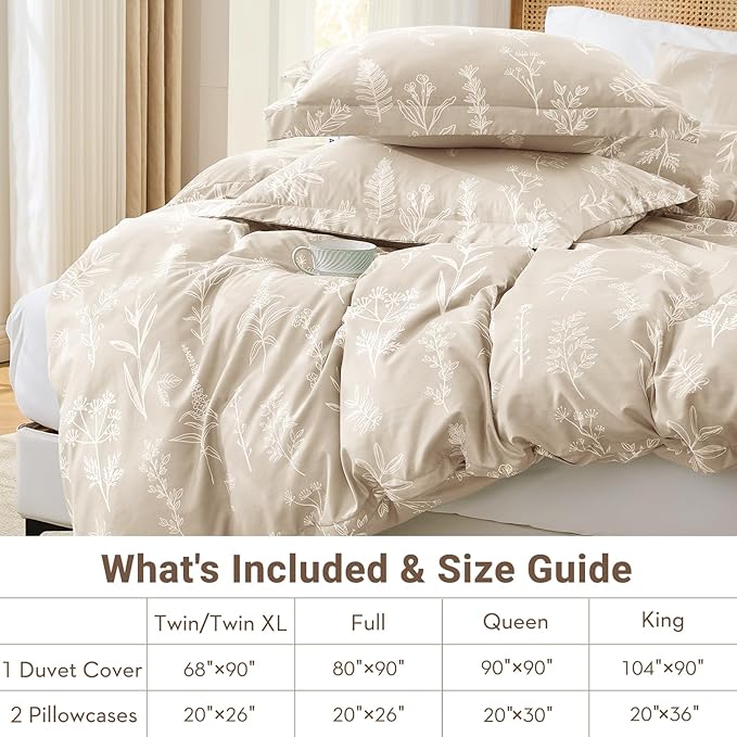 MUXHOMO Duvet Cover Full Size, Reversible Floral Beige Duvet Cover Set with Zipper Closure, 3 Pieces Botanical Patterns Soft Microfiber Bedding Set with 4 Ties (80"x90", 2 Pillow Cases)