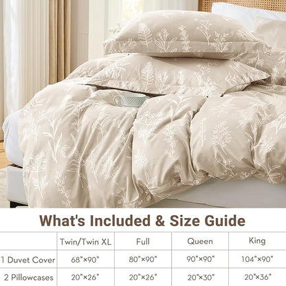 MUXHOMO Duvet Cover Full Size, Reversible Floral Beige Duvet Cover Set with Zipper Closure, 3 Pieces Botanical Patterns Soft Microfiber Bedding Set with 4 Ties (80"x90", 2 Pillow Cases)