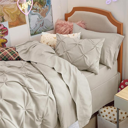 Bedsure Twin XL Comforter Set - Extra Long 5 Pieces Dorm Bedding Sets, GentleSoft™ Pinch Pleat Beige Bed in a Bag with Pintuck Comforter, Sheets, Pillowcase & Sham