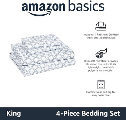Amazon Basics Lightweight Microfiber 4-Piece Bed Sheet Set, King, Aqua, Printed