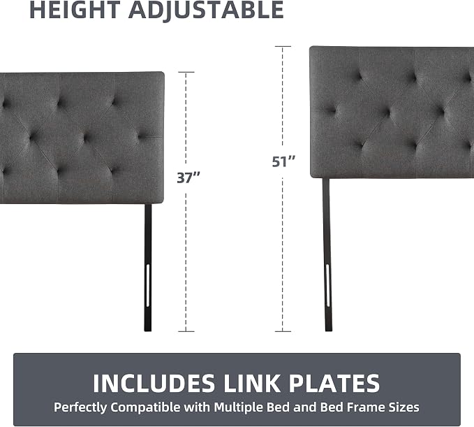 Linen Fabric Upholstered Headboard Queen Size, Modern Diamond Tufting Solid Wood Queen Headboard Only,Adjustable Height from 37” to 51” Head Board, Bed Frame or Wall Mount Headboards, Dark Grey