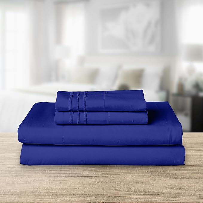 Elegant Comfort Luxurious 1500 Premium Hotel Quality Microfiber Three Line Embroidered Softest 4-Piece Bed Sheet Set, Wrinkle and Fade Resistant, Queen, Royal Blue
