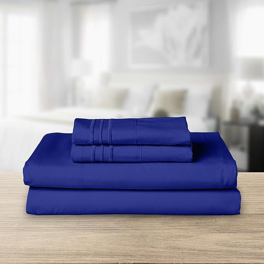 Elegant Comfort Luxurious 1500 Premium Hotel Quality Microfiber Three Line Embroidered Softest 4-Piece Bed Sheet Set, Wrinkle and Fade Resistant, Twin/Twin XL, Royal Blue