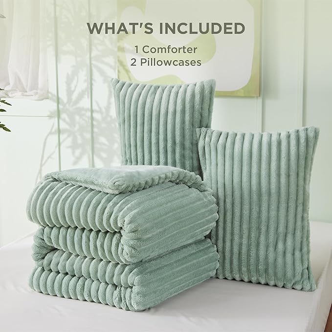 Bedsure Comforter Set Queen Size - GentleSoft™ 3 Pieces Double-Side Fleece Fluffy Sage Green Comforter Set, Cozy Striped Room Decor Aesthetic, Luxury Bedding Queen Size, 2 Pillowcases, 90x90 Inches